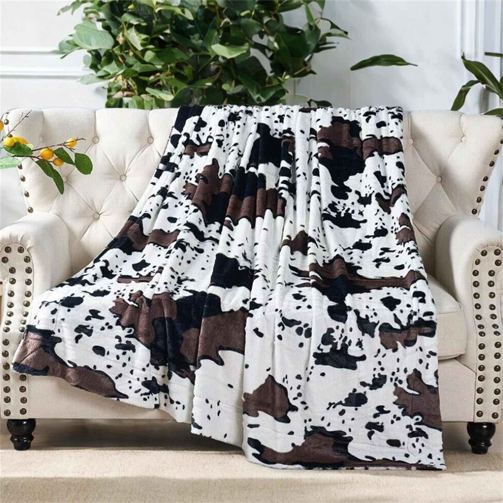 HST Cow Print Faux Fur Throw Blanket Soft Cozy Reversible Fall Winter Decor Gift