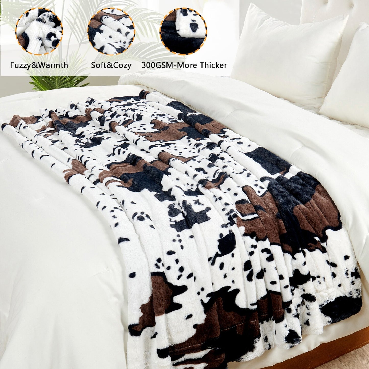 HST Cow Print Faux Fur Throw Blanket Soft Cozy Reversible Fall Winter Decor Gift