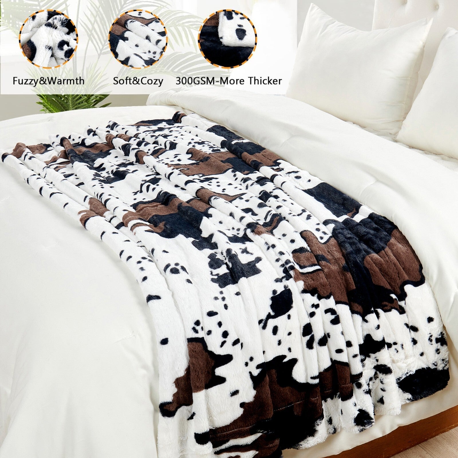 HST Cow Print Faux Fur Throw Blanket Soft Cozy Reversible Fall Winter Decor Gift