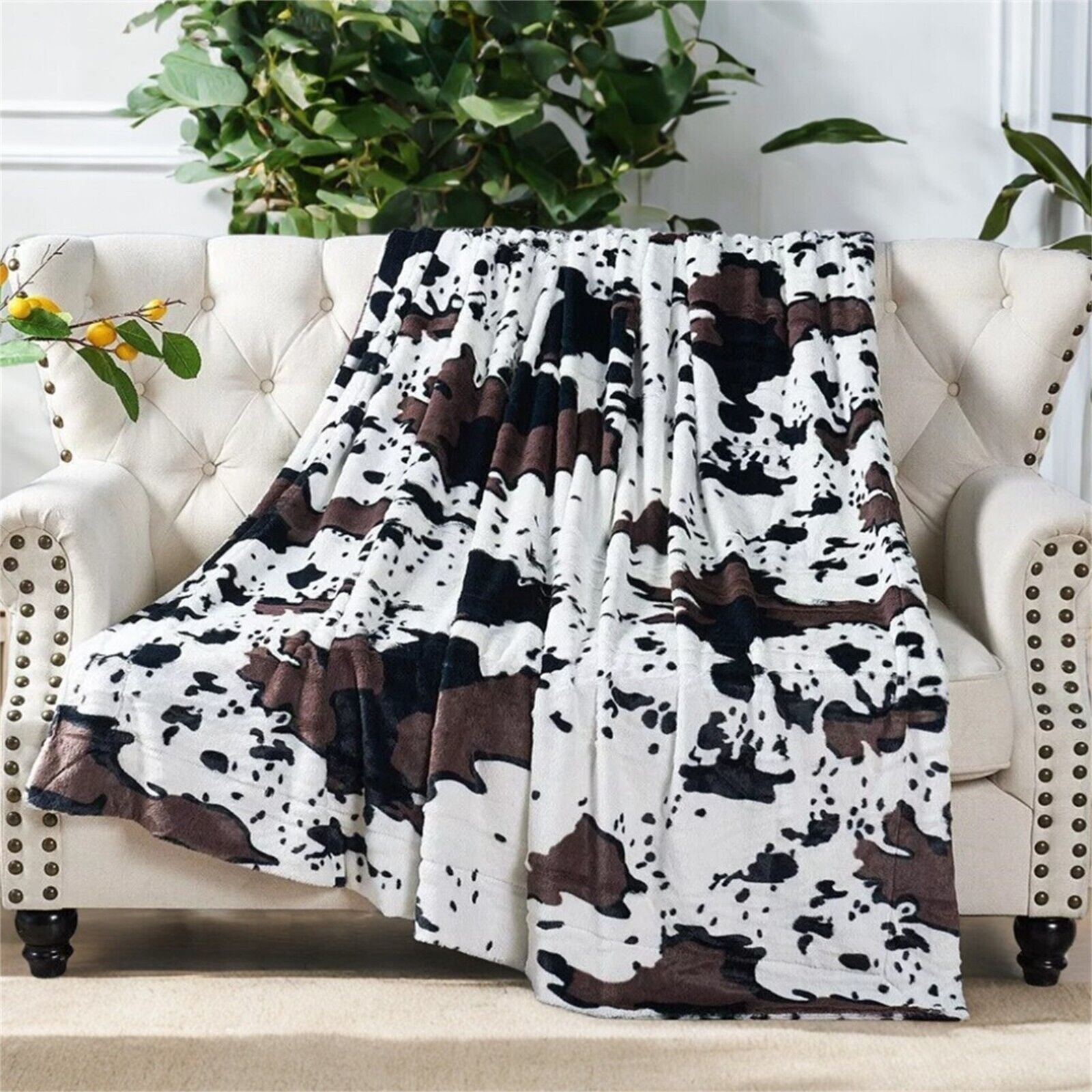 HST Cow Print Faux Fur Throw Blanket Soft Cozy Reversible Fall Winter Decor Gift