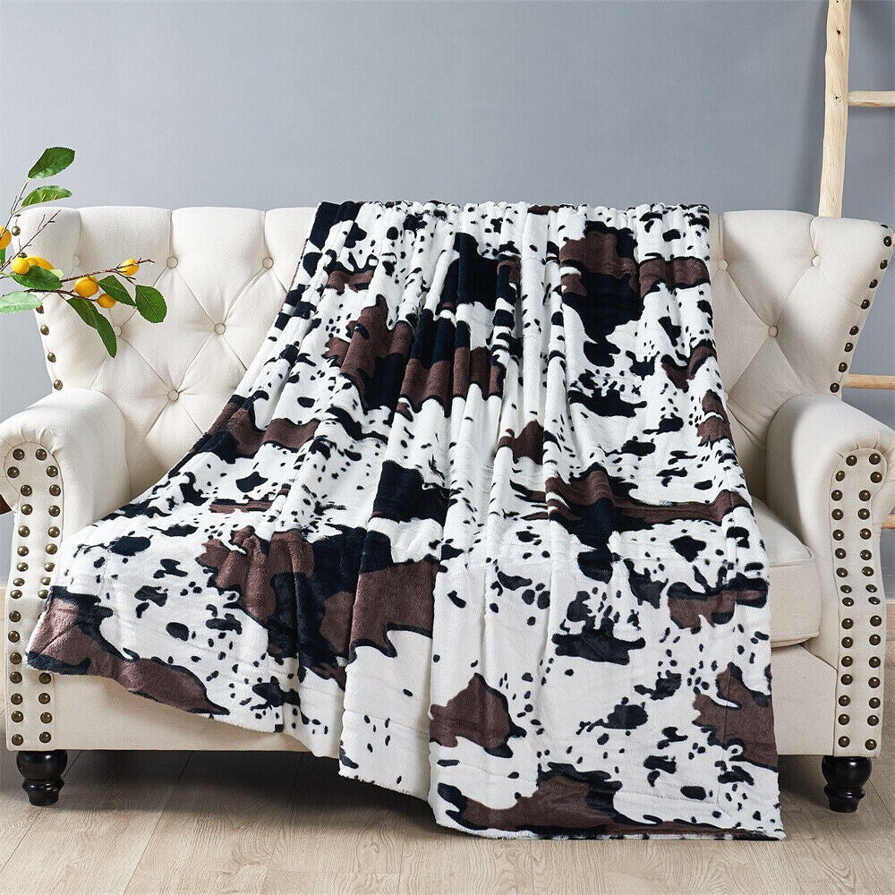 HST Cow Print Faux Fur Throw Blanket Soft Cozy Reversible Fall Winter Decor Gift
