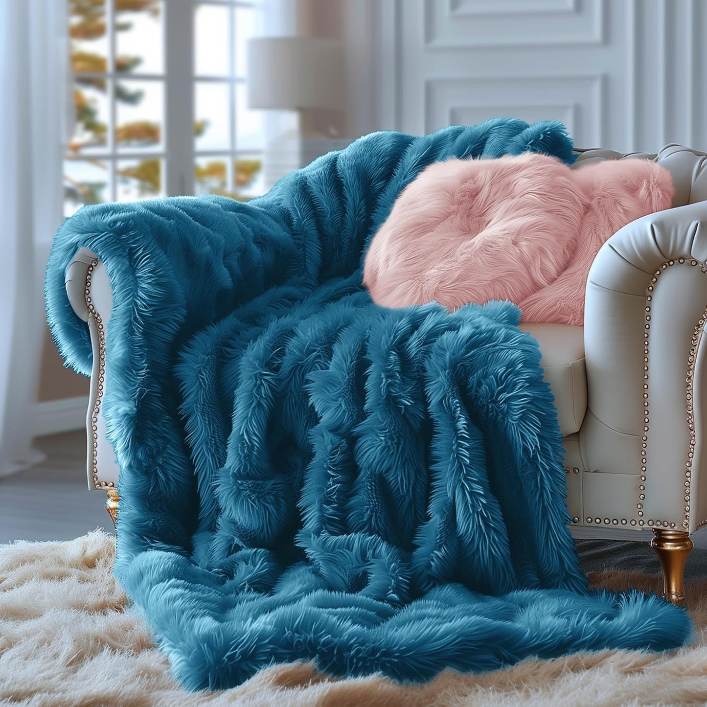 Dark Teal Fuzzy Throw Blanket for Couch Sofa, Reversible Ultra Soft Faux Fur Throws, Plush Fluffy Blankets | 50X60 Peacock Blue