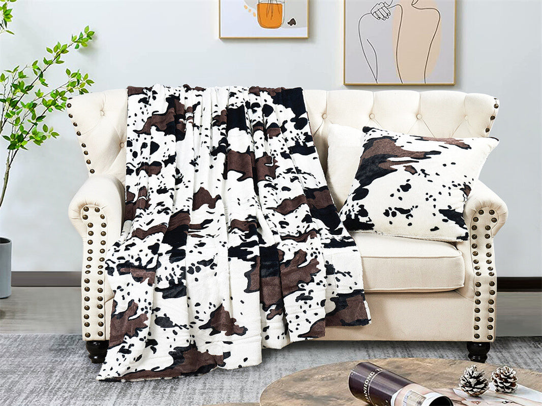 HST Cow Print Faux Fur Throw Blanket Soft Cozy Reversible Fall Winter Decor Gift