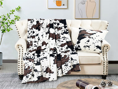 HST Cow Print Faux Fur Throw Blanket Soft Cozy Reversible Fall Winter Decor Gift