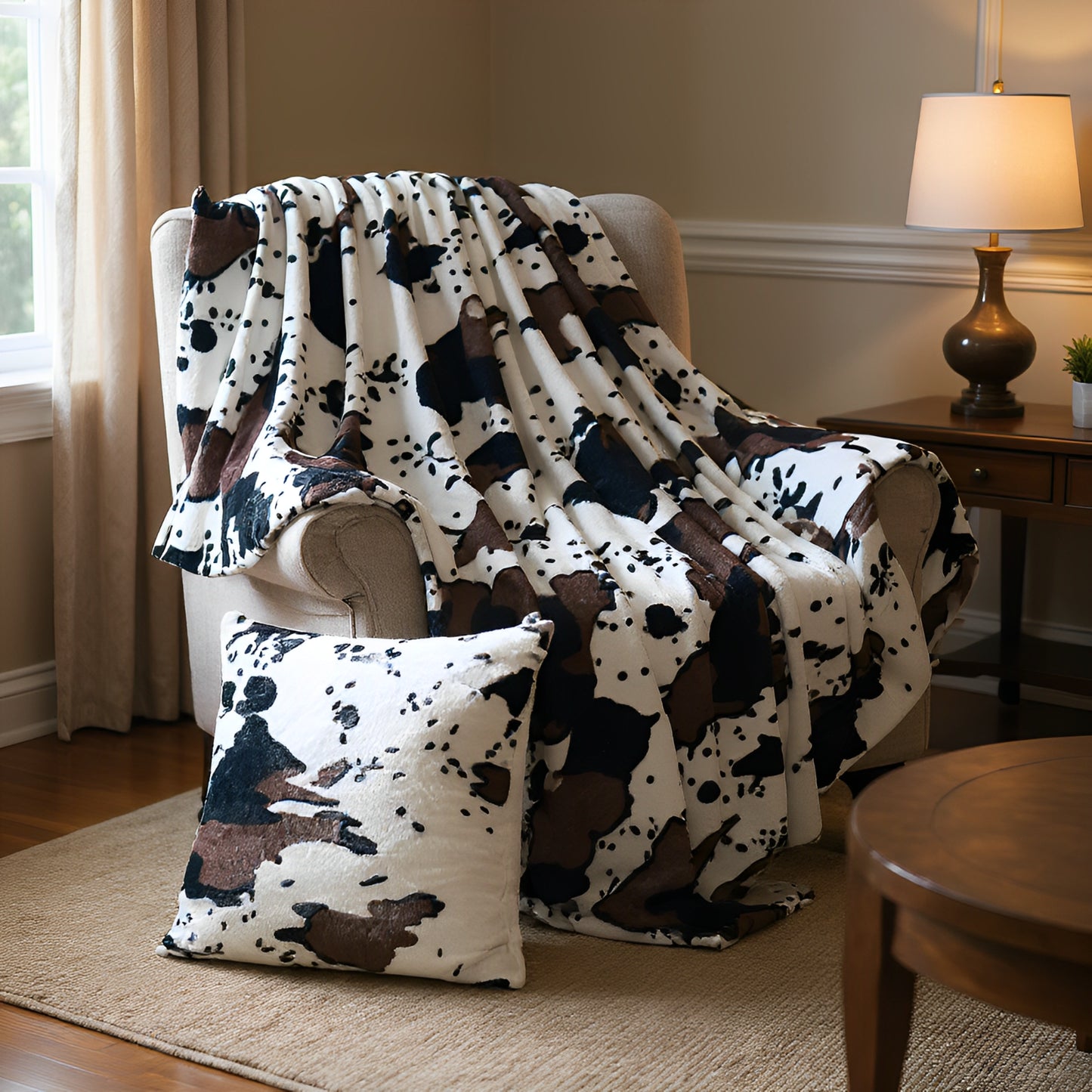 HST Cow Print Faux Fur Throw Blanket Soft Cozy Reversible Fall Winter Decor Gift