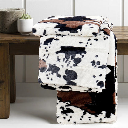 HST Cow Print Faux Fur Throw Blanket Soft Cozy Reversible Fall Winter Decor Gift