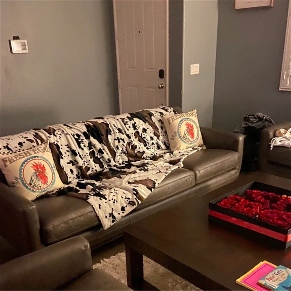 HST Cow Print Faux Fur Throw Blanket Soft Cozy Reversible Fall Winter Decor Gift