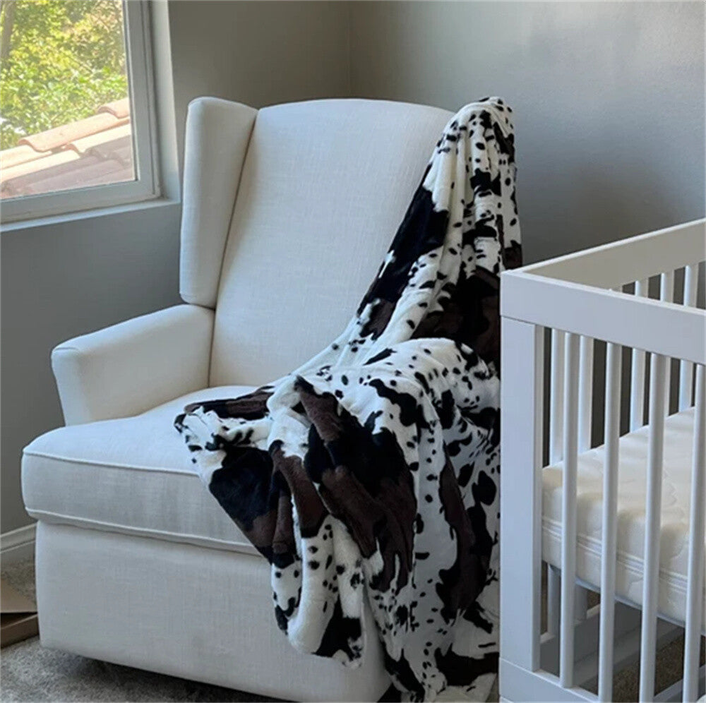 HST Cow Print Faux Fur Throw Blanket Soft Cozy Reversible Fall Winter Decor Gift