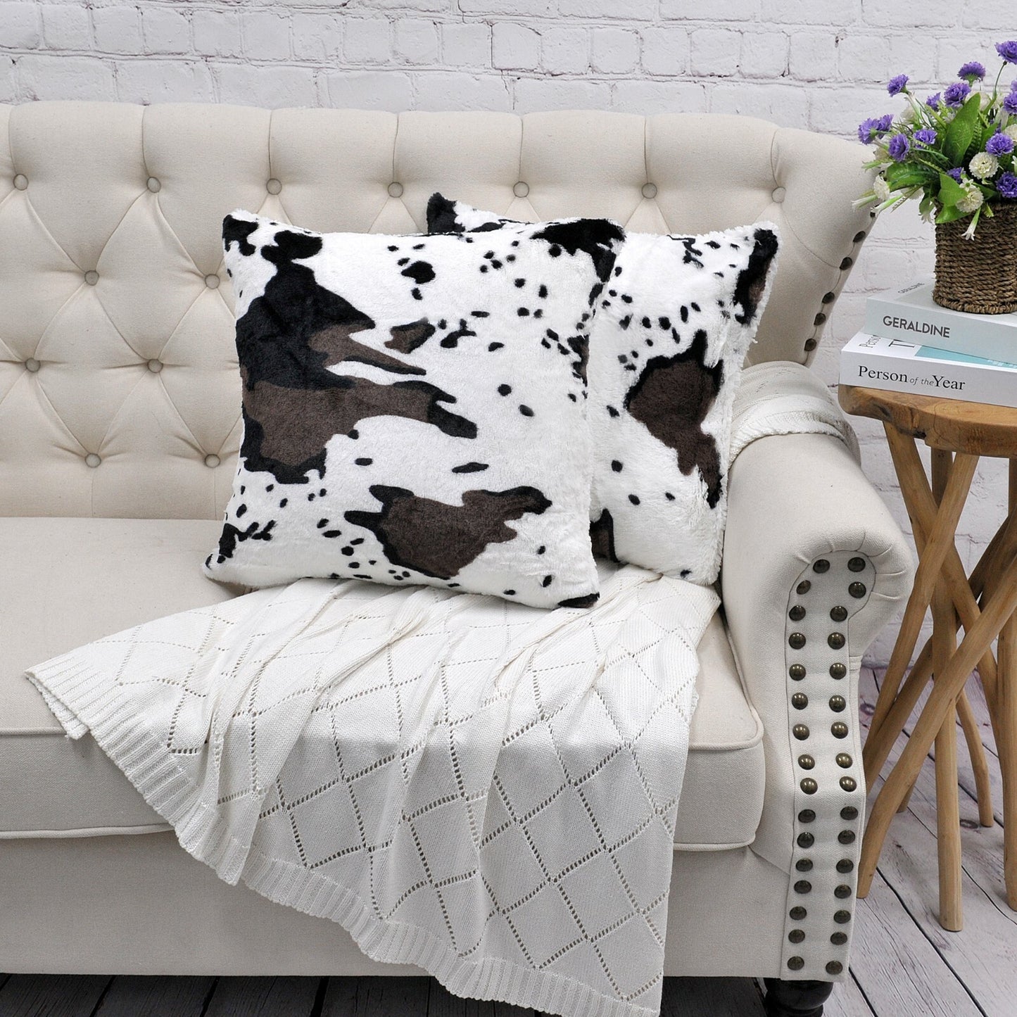 HST Cow Print Faux Fur Throw Blanket Soft Cozy Reversible Fall Winter Decor Gift