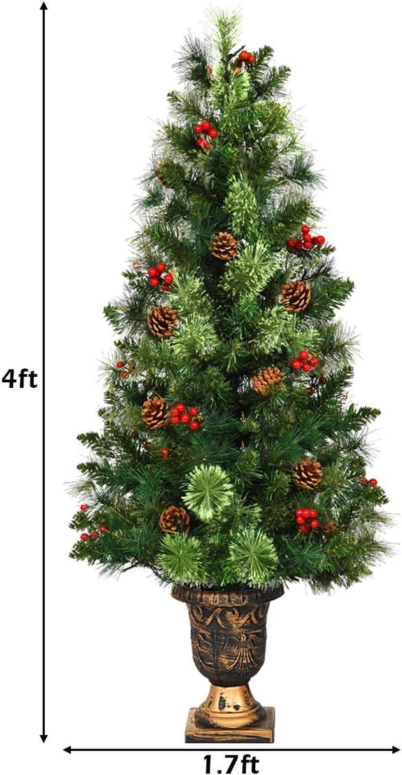 4 FT Christmas Tree Pre-Lit Tabletop Artificial Entrance Tree with 60 Led Lights, Gold Urn Base, Pine Cones and Red Berries (4 FT Led Light)