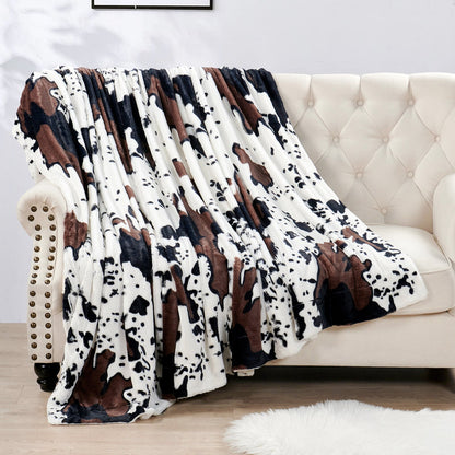 HST Cow Print Faux Fur Throw Blanket Soft Cozy Reversible Fall Winter Decor Gift