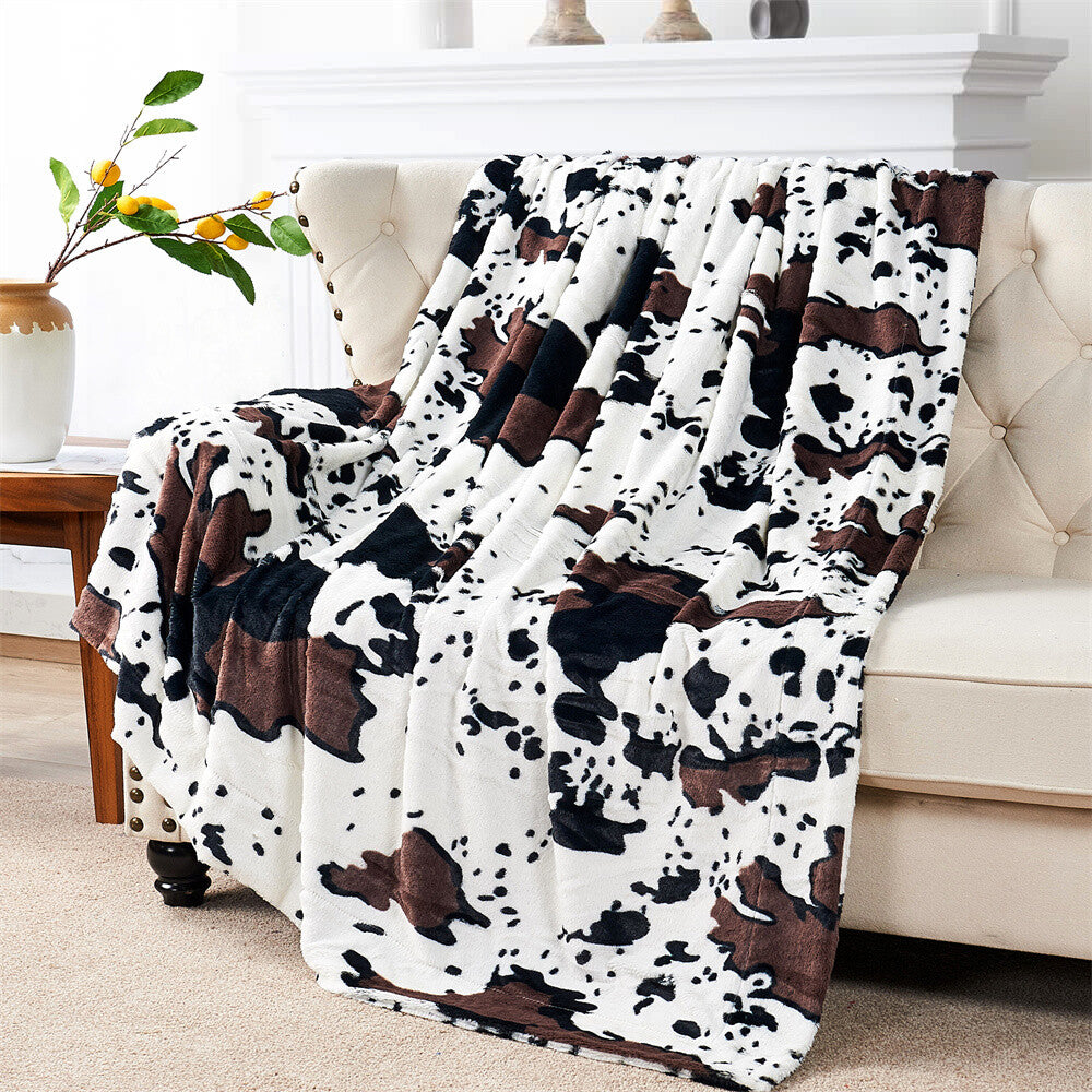 HST Cow Print Faux Fur Throw Blanket Soft Cozy Reversible Fall Winter Decor Gift