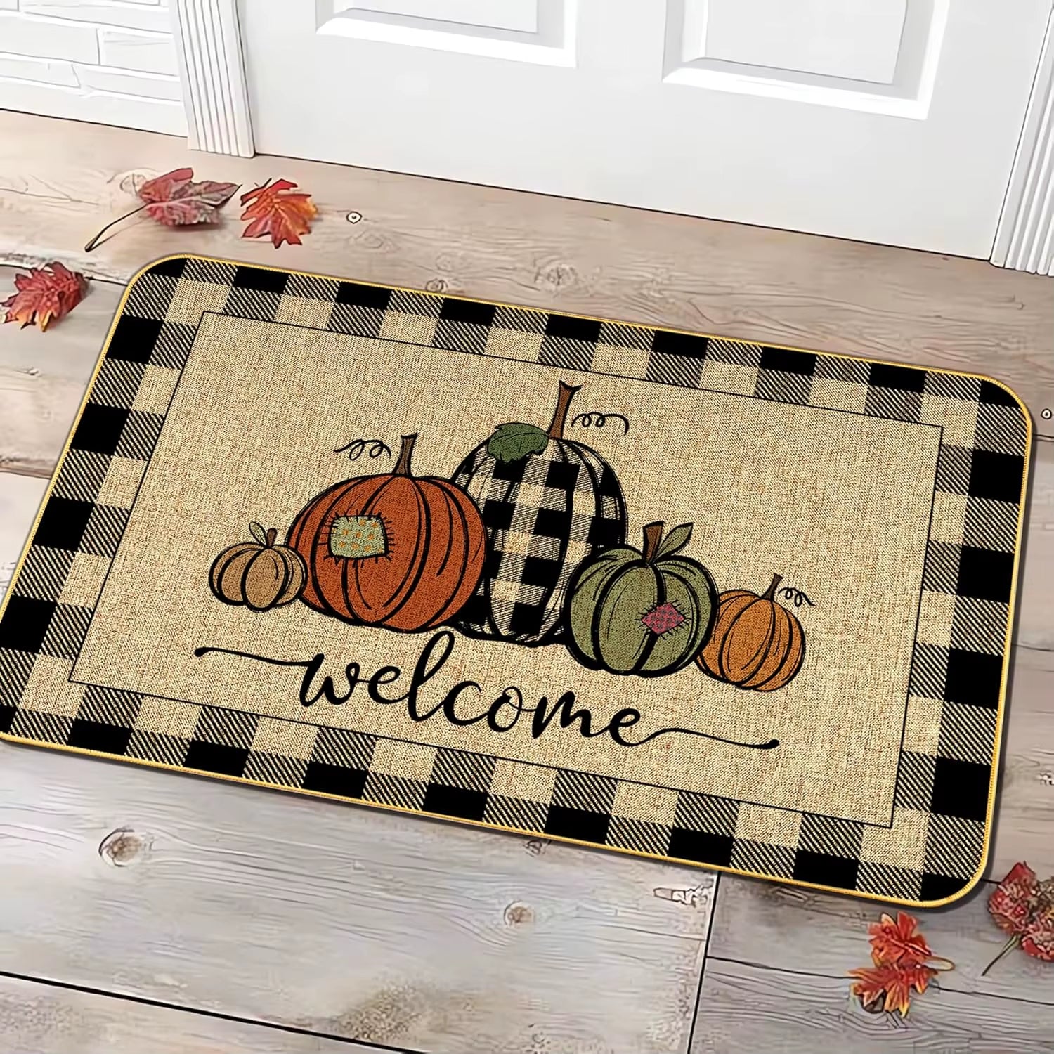 Fall Pumpkin Welcome Doormat Autumn Harvest Floor Mat Living Room Kitchen Non-Slip Rugs Balcony Hallway Laundry Bathroom Carpets