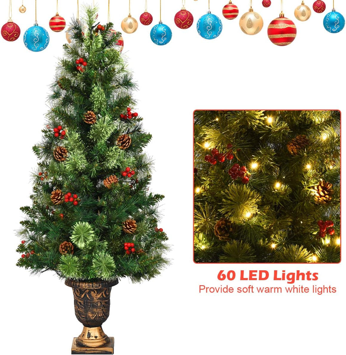 4 FT Christmas Tree Pre-Lit Tabletop Artificial Entrance Tree with 60 Led Lights, Gold Urn Base, Pine Cones and Red Berries (4 FT Led Light)