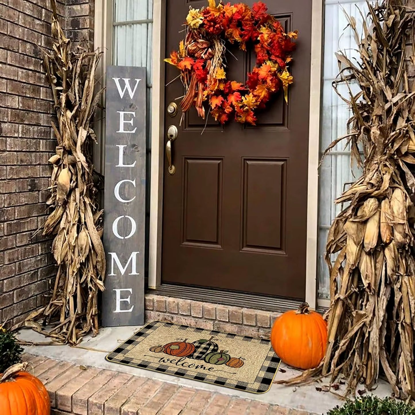 Fall Pumpkin Welcome Doormat Autumn Harvest Floor Mat Living Room Kitchen Non-Slip Rugs Balcony Hallway Laundry Bathroom Carpets