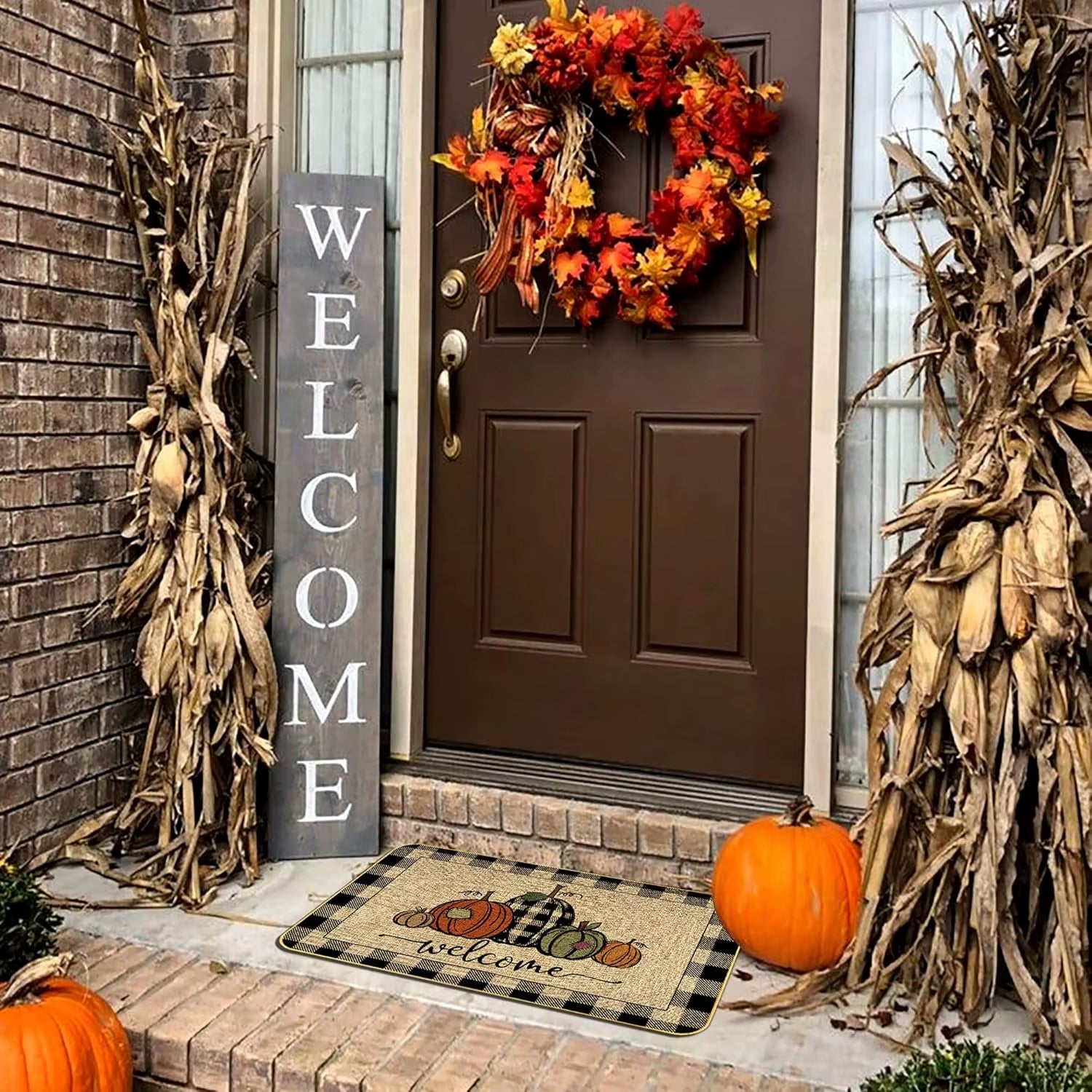 Fall Pumpkin Welcome Doormat Autumn Harvest Floor Mat Living Room Kitchen Non-Slip Rugs Balcony Hallway Laundry Bathroom Carpets