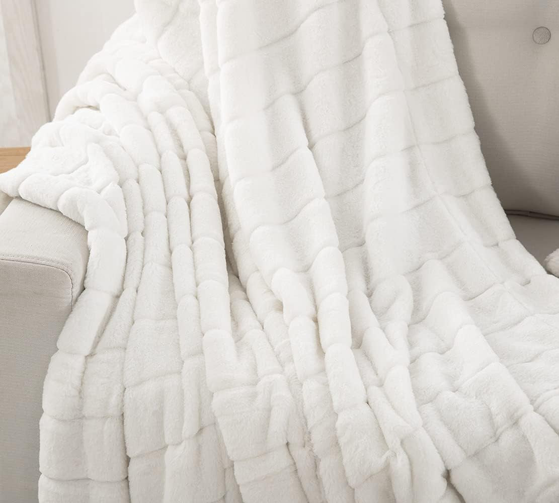 Ultra Soft Reversible Faux Fur Throw, Fluffy Blanket for Winter Sofa Couch, Cuddly & Warm(50"X 60", White)