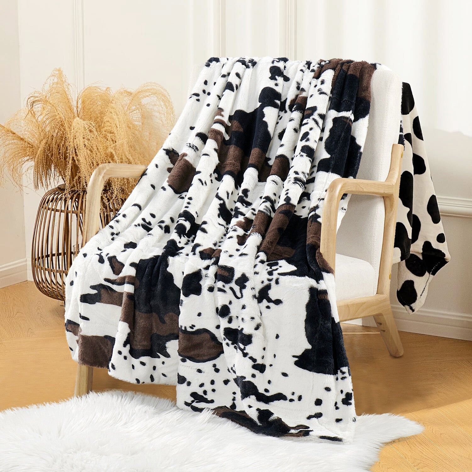 HST Cow Print Faux Fur Throw Blanket Soft Cozy Reversible Fall Winter Decor Gift