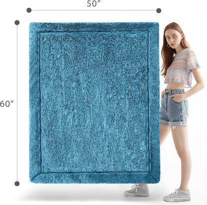 Dark Teal Fuzzy Throw Blanket for Couch Sofa, Reversible Ultra Soft Faux Fur Throws, Plush Fluffy Blankets | 50X60 Peacock Blue