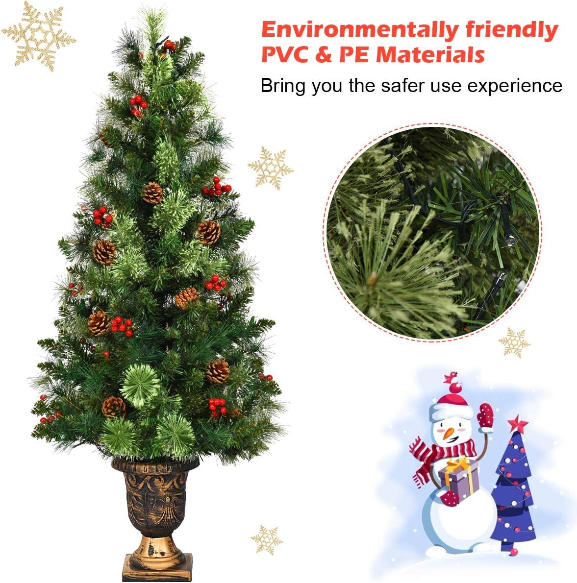 4 FT Christmas Tree Pre-Lit Tabletop Artificial Entrance Tree with 60 Led Lights, Gold Urn Base, Pine Cones and Red Berries (4 FT Led Light)