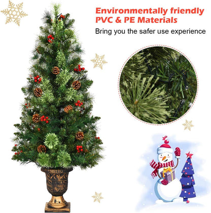 4 FT Christmas Tree Pre-Lit Tabletop Artificial Entrance Tree with 60 Led Lights, Gold Urn Base, Pine Cones and Red Berries (4 FT Led Light)