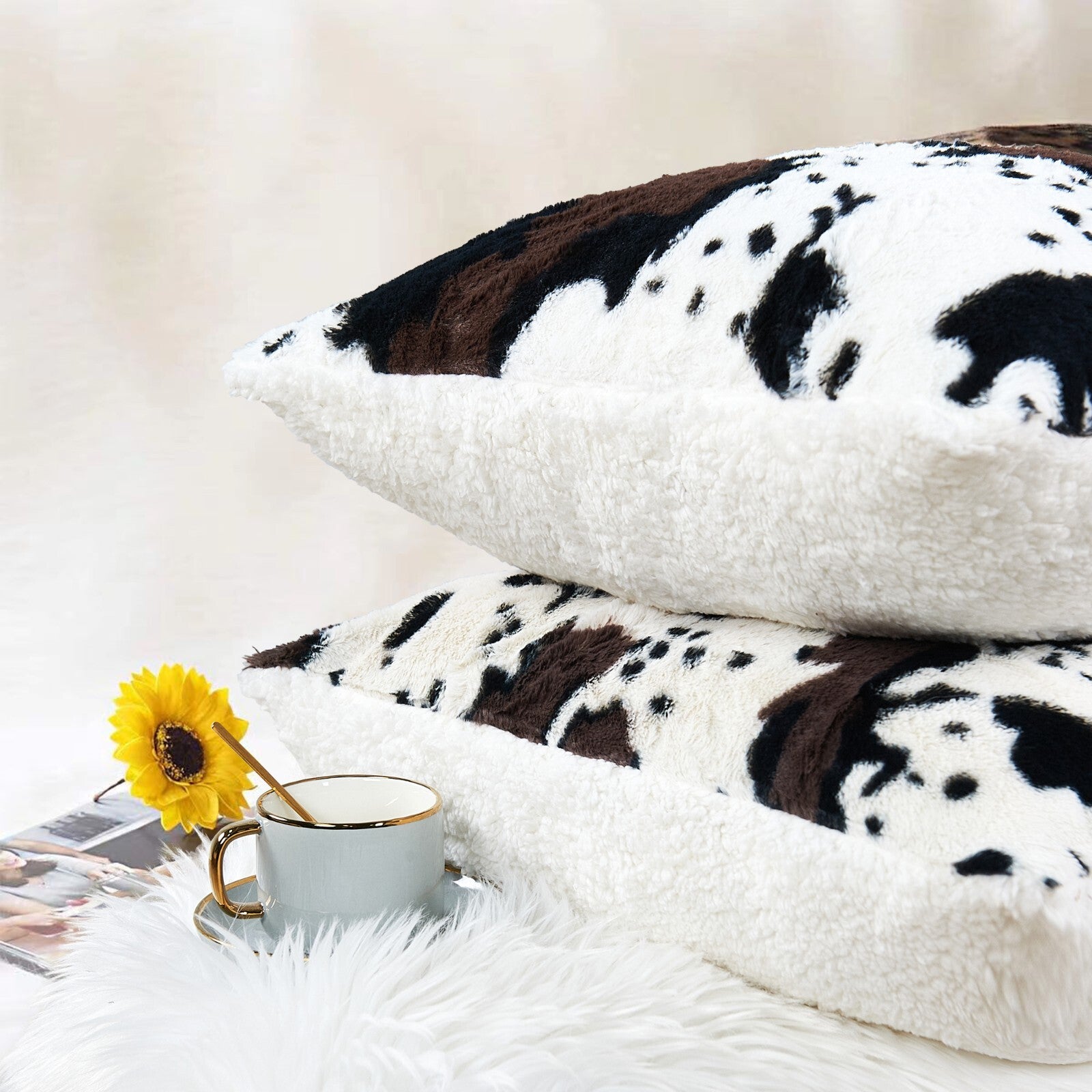 HST Cow Print Faux Fur Throw Blanket Soft Cozy Reversible Fall Winter Decor Gift