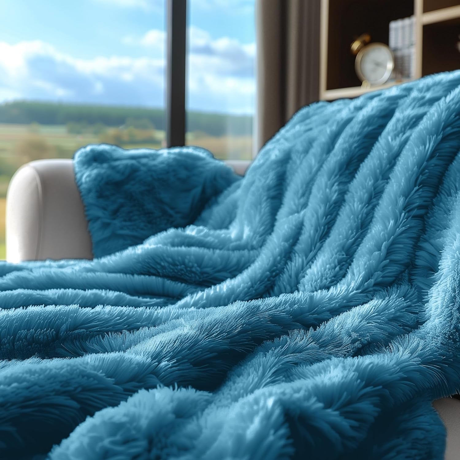Dark Teal Fuzzy Throw Blanket for Couch Sofa, Reversible Ultra Soft Faux Fur Throws, Plush Fluffy Blankets | 50X60 Peacock Blue