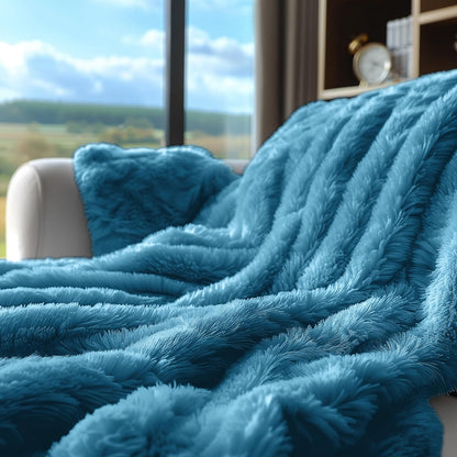 Dark Teal Fuzzy Throw Blanket for Couch Sofa, Reversible Ultra Soft Faux Fur Throws, Plush Fluffy Blankets | 50X60 Peacock Blue