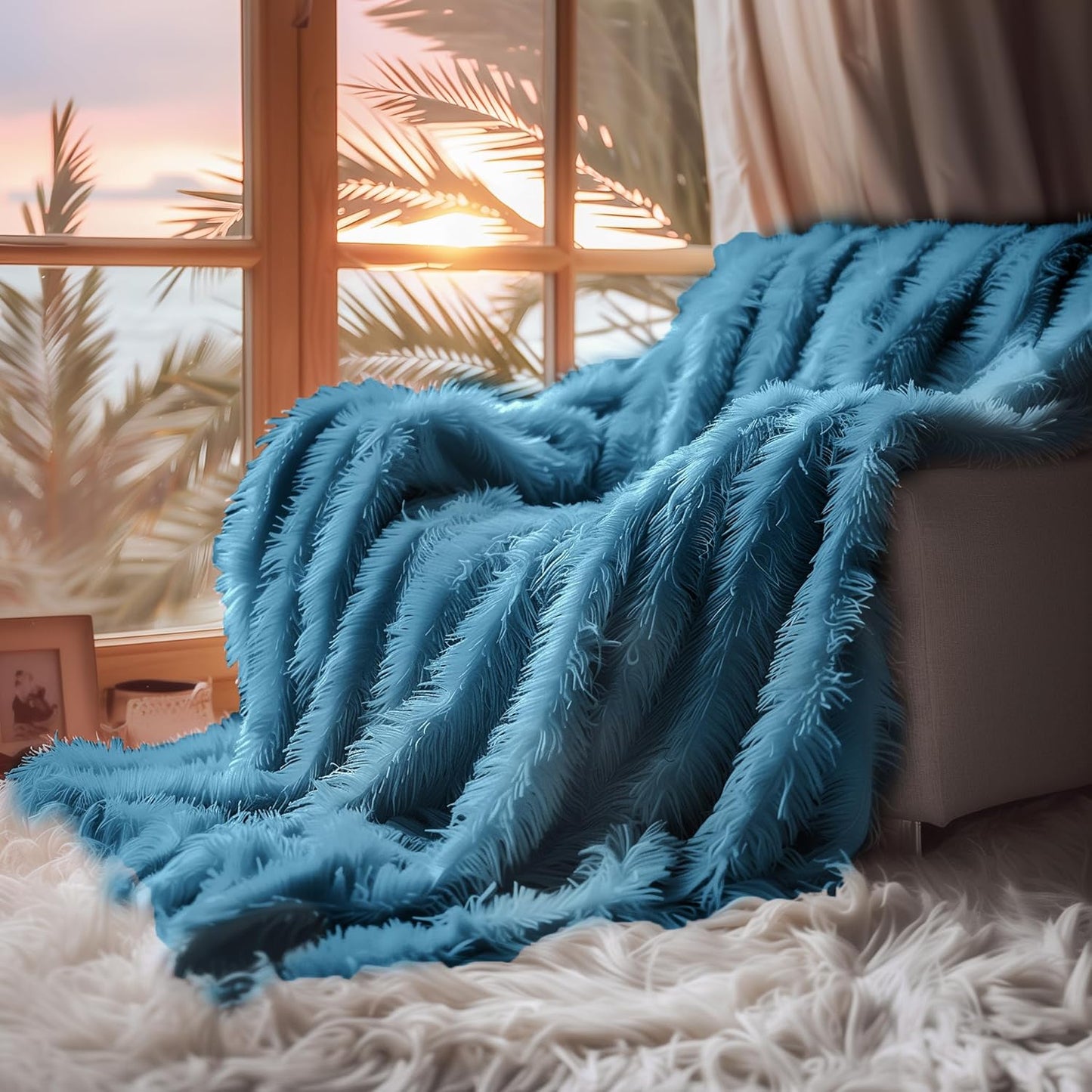 Dark Teal Fuzzy Throw Blanket for Couch Sofa, Reversible Ultra Soft Faux Fur Throws, Plush Fluffy Blankets | 50X60 Peacock Blue