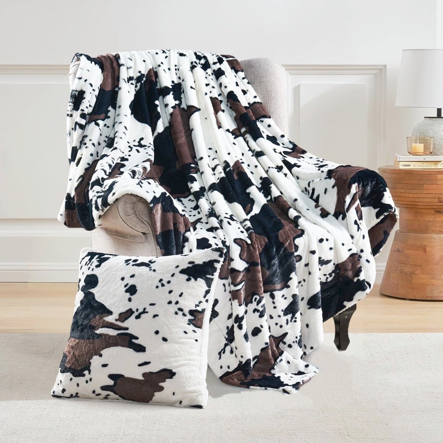 HST Cow Print Faux Fur Throw Blanket Soft Cozy Reversible Fall Winter Decor Gift