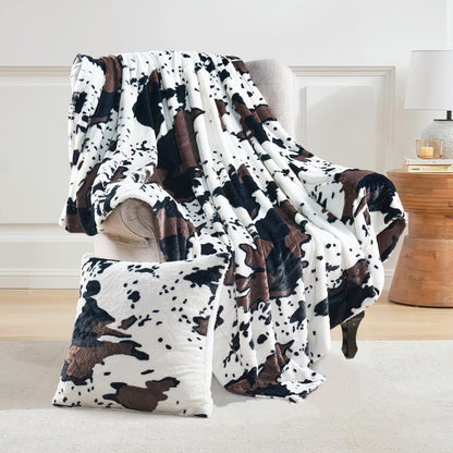 HST Cow Print Faux Fur Throw Blanket Soft Cozy Reversible Fall Winter Decor Gift