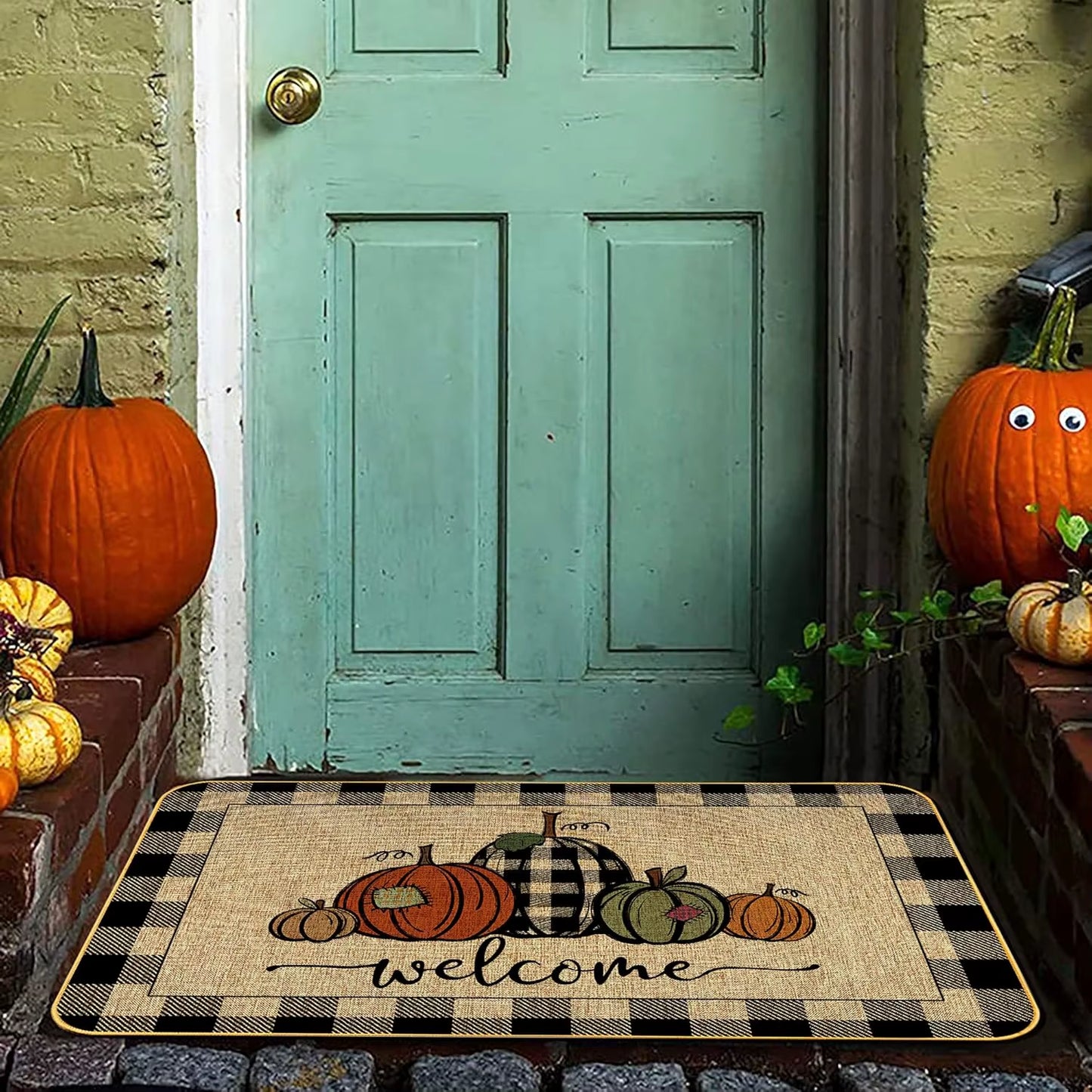 Fall Pumpkin Welcome Doormat Autumn Harvest Floor Mat Living Room Kitchen Non-Slip Rugs Balcony Hallway Laundry Bathroom Carpets