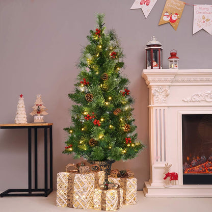 4 FT Christmas Tree Pre-Lit Tabletop Artificial Entrance Tree with 60 Led Lights, Gold Urn Base, Pine Cones and Red Berries (4 FT Led Light)