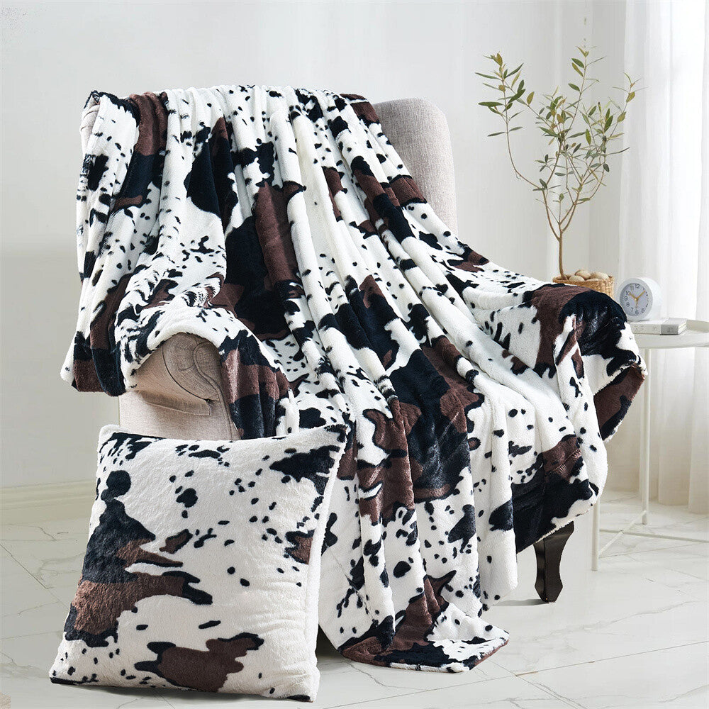 HST Cow Print Faux Fur Throw Blanket Soft Cozy Reversible Fall Winter Decor Gift