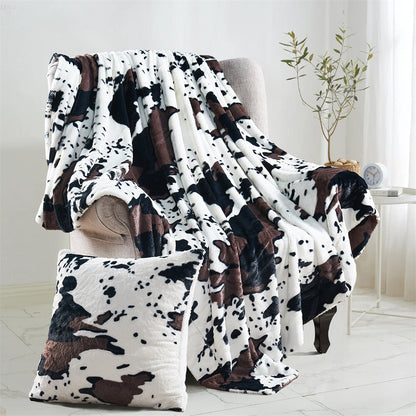 HST Cow Print Faux Fur Throw Blanket Soft Cozy Reversible Fall Winter Decor Gift