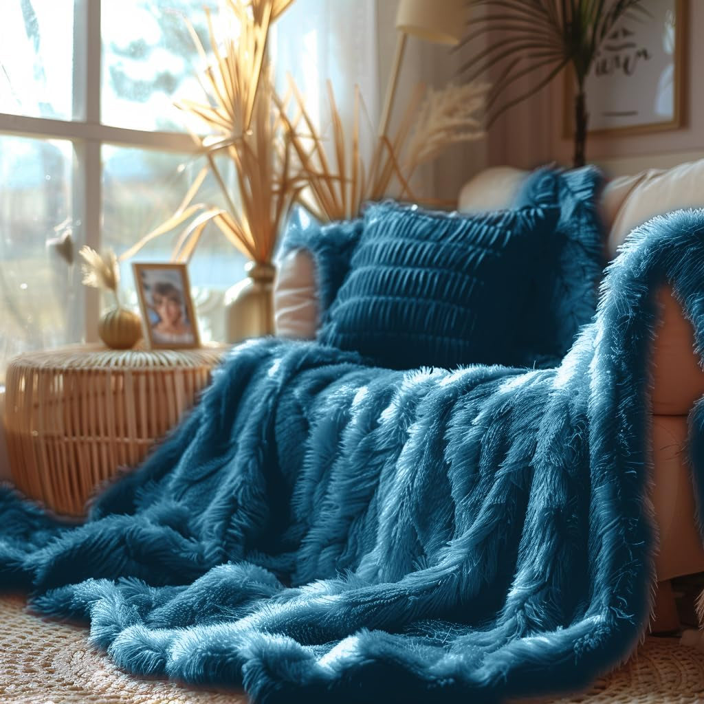 Dark Teal Fuzzy Throw Blanket for Couch Sofa, Reversible Ultra Soft Faux Fur Throws, Plush Fluffy Blankets | 50X60 Peacock Blue