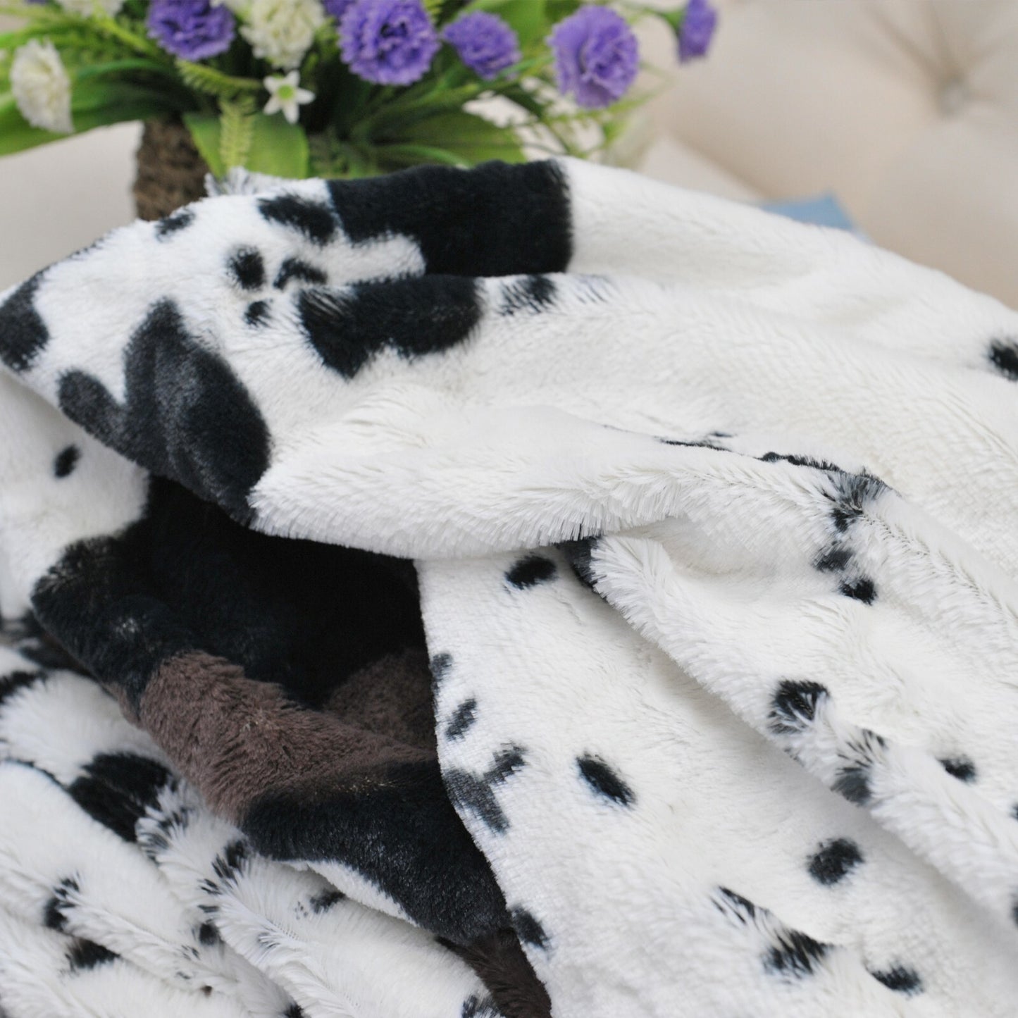HST Cow Print Faux Fur Throw Blanket Soft Cozy Reversible Fall Winter Decor Gift