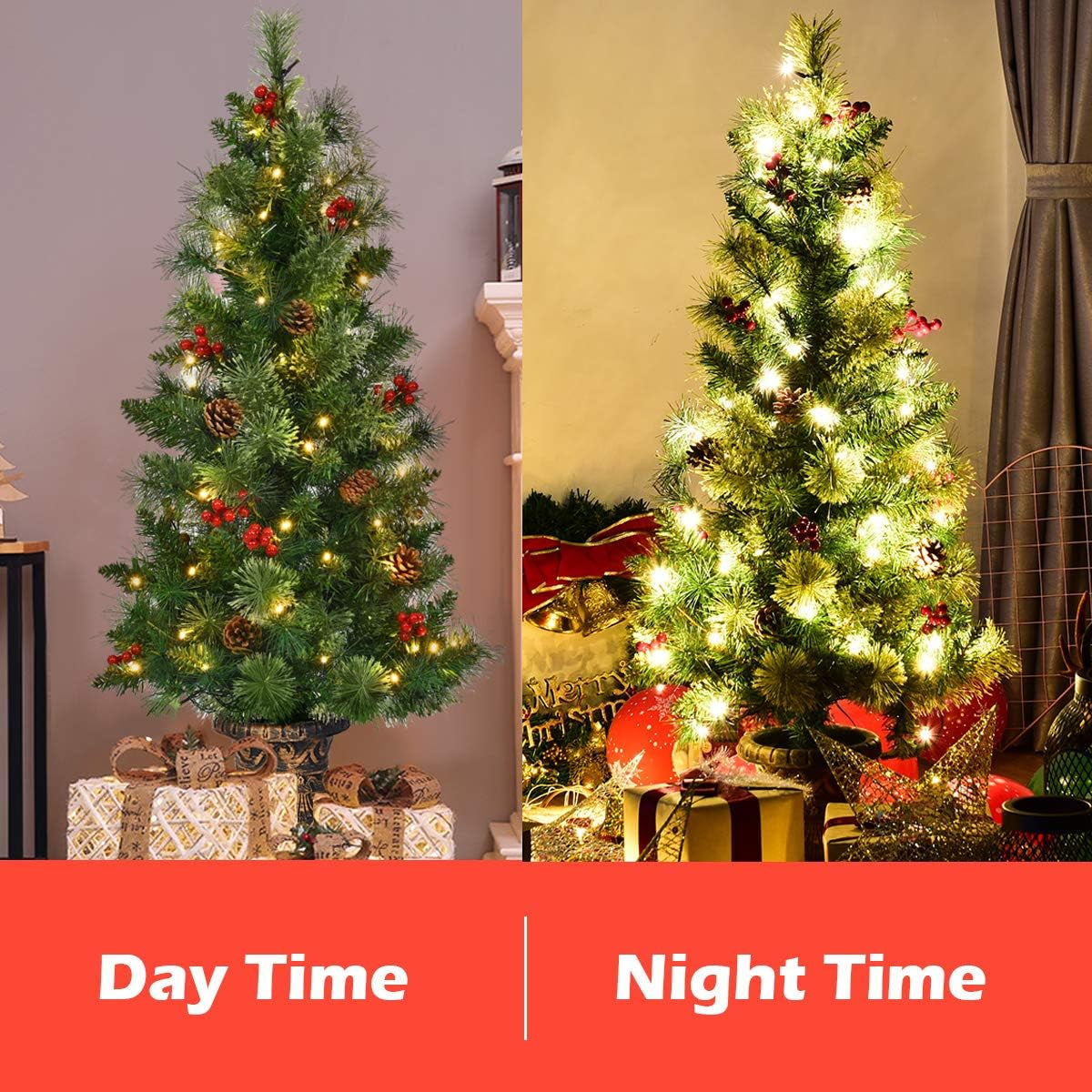 4 FT Christmas Tree Pre-Lit Tabletop Artificial Entrance Tree with 60 Led Lights, Gold Urn Base, Pine Cones and Red Berries (4 FT Led Light)