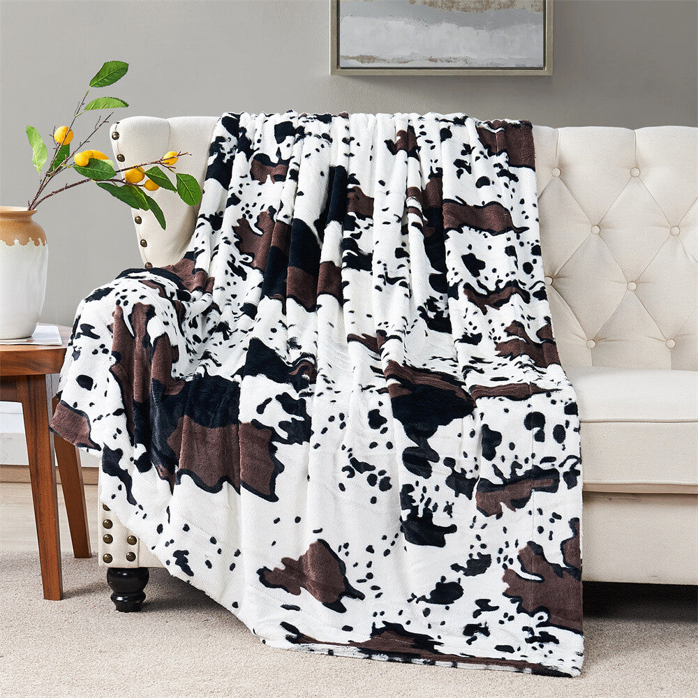 HST Cow Print Faux Fur Throw Blanket Soft Cozy Reversible Fall Winter Decor Gift