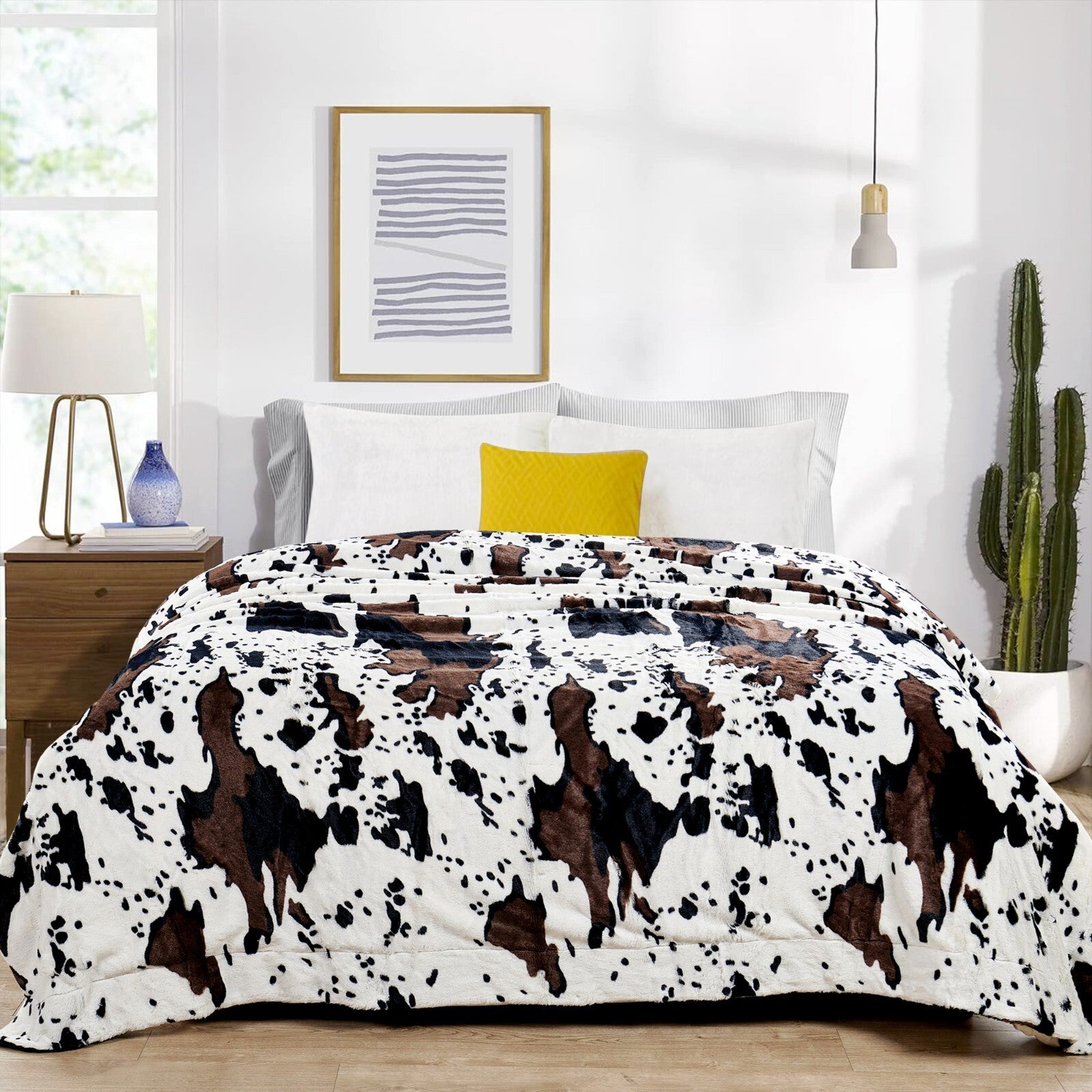 HST Cow Print Faux Fur Throw Blanket Soft Cozy Reversible Fall Winter Decor Gift