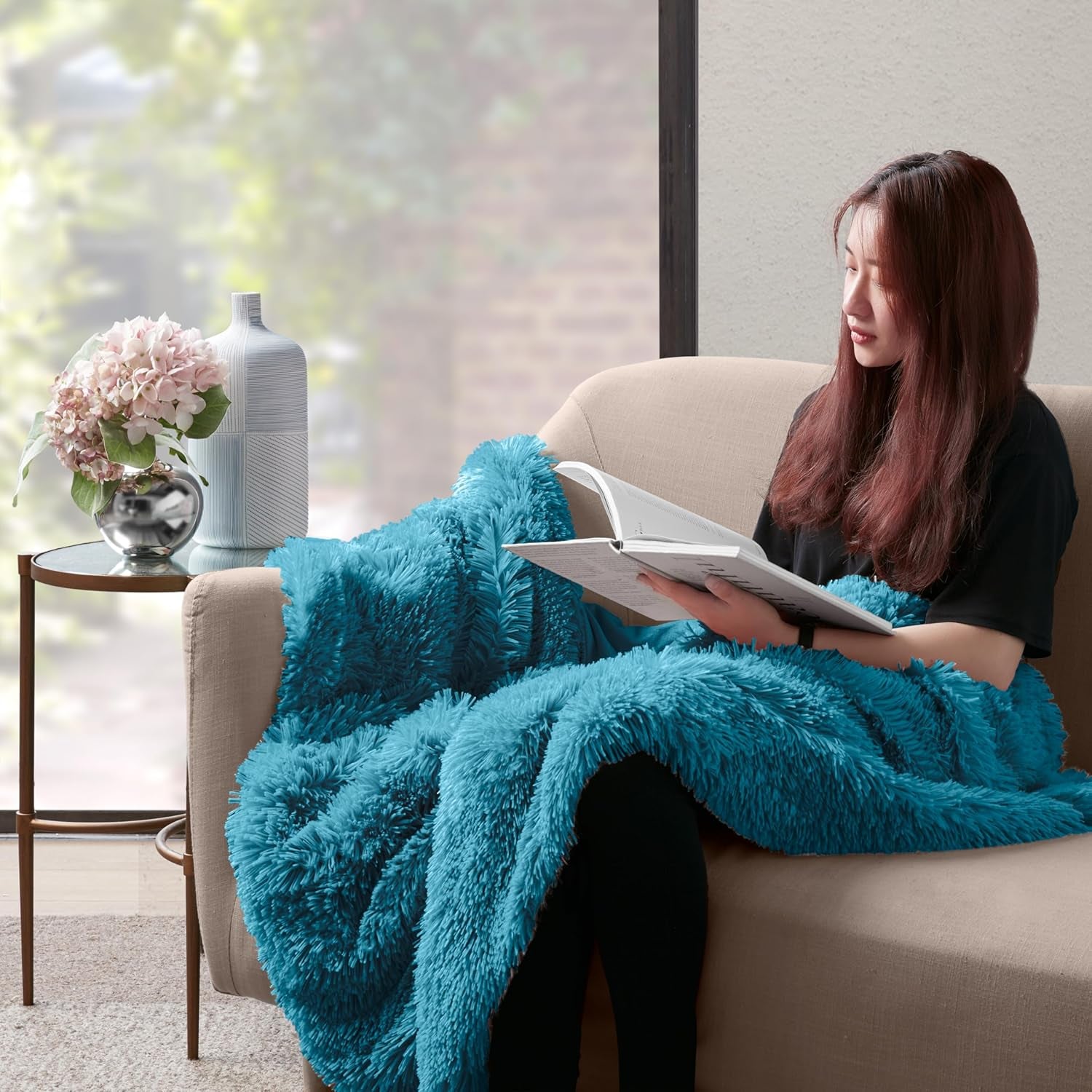 Dark Teal Fuzzy Throw Blanket for Couch Sofa, Reversible Ultra Soft Faux Fur Throws, Plush Fluffy Blankets | 50X60 Peacock Blue