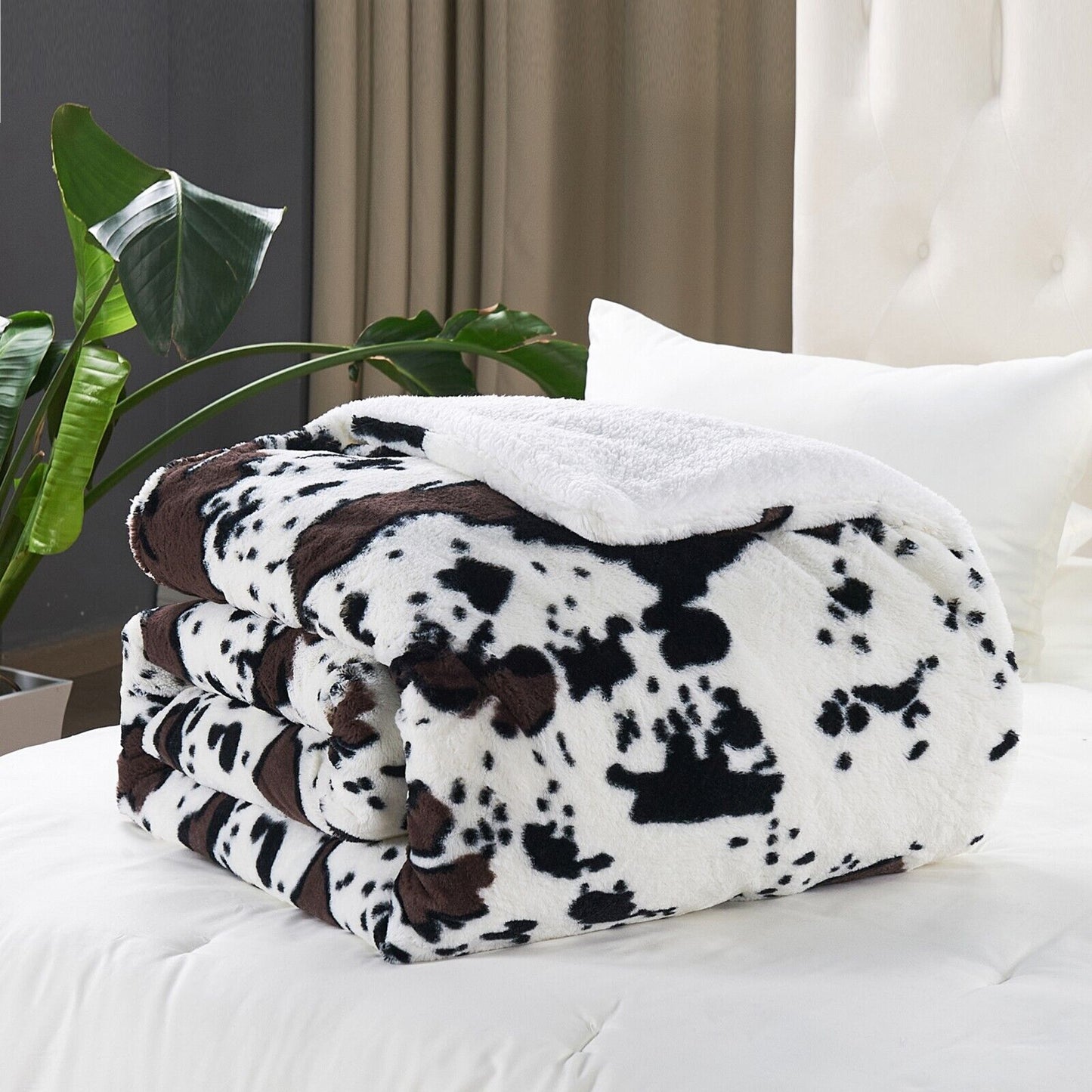 HST Cow Print Faux Fur Throw Blanket Soft Cozy Reversible Fall Winter Decor Gift